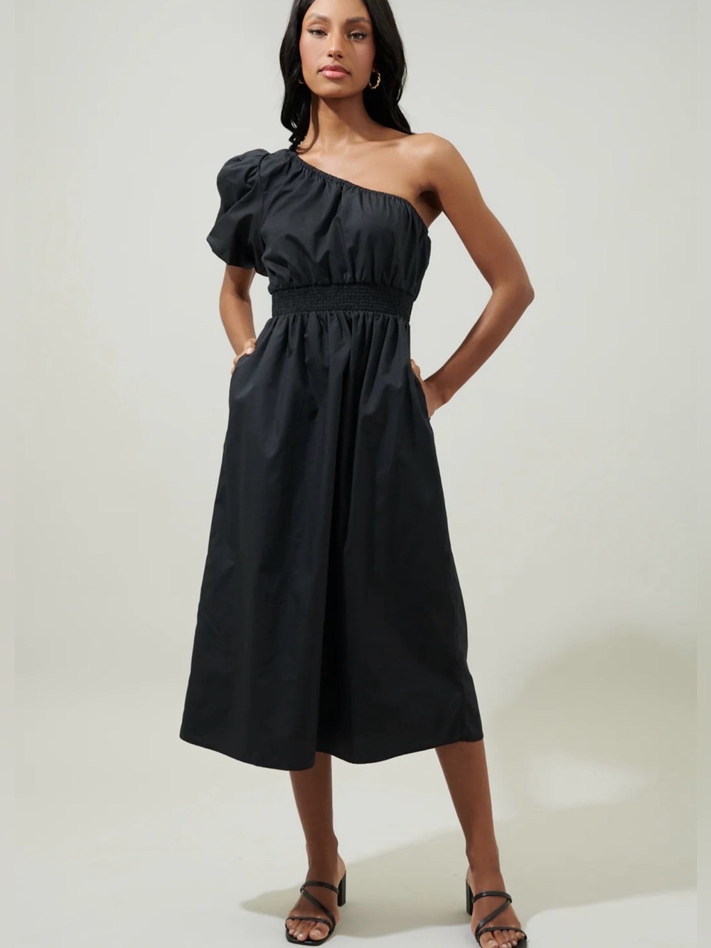 NWT Sugarlips Black Bridgette One Shoulder Poplin Midi Dress Balloon Sleeve M